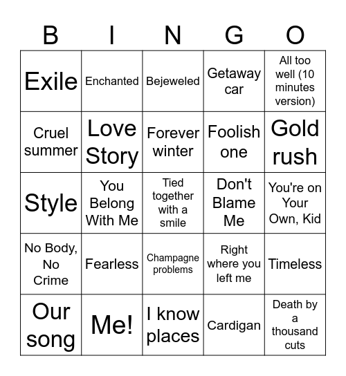 Taylor Swift Bingo Card