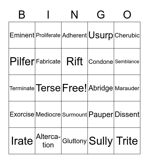 Vocabulary Test 3 Bingo Card