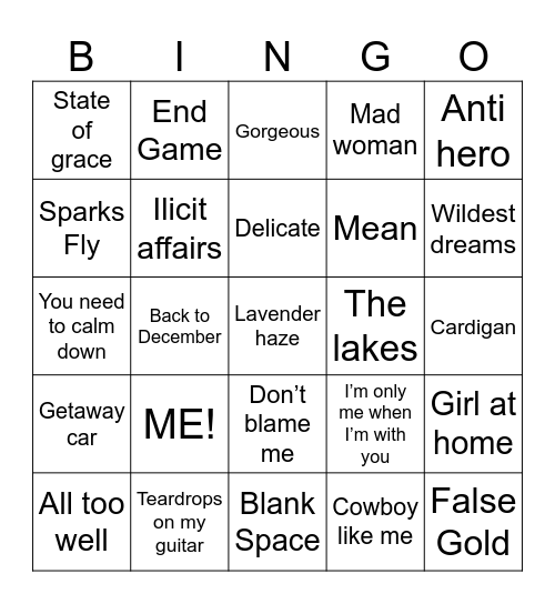 Bingo Swiftie Bingo Card