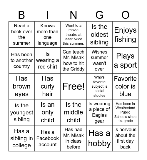 Mr. Misak's Icebreaker Bingo Card