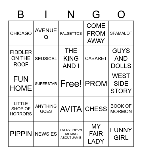 Grant's Broadway Bingo Card