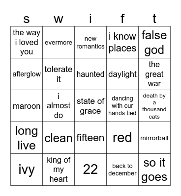 swift Bingo Card