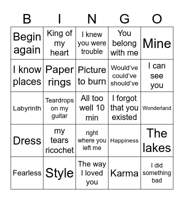 Bingo Swiftie Bingo Card