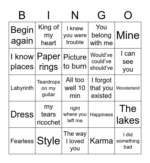 Bingo Swiftie Bingo Card