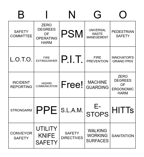 Safe and Sound Bingo Card