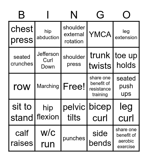 Seated Level Bingo Card