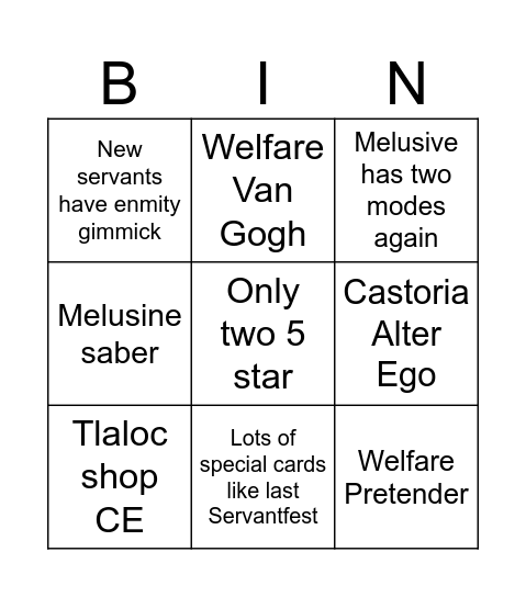 Summer ServantFest 2023 Bingo Card