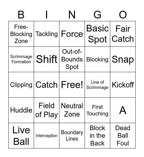 Football Definitions Bingo Card