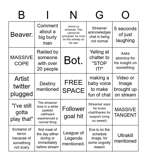 IBeatPandas Stream Bingo Card