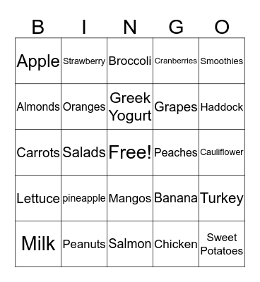 Nutritution Food Bingo Card