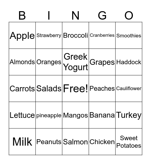 Nutritution Food Bingo Card