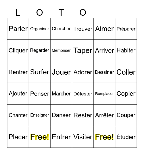 Verbes -ER Bingo Card
