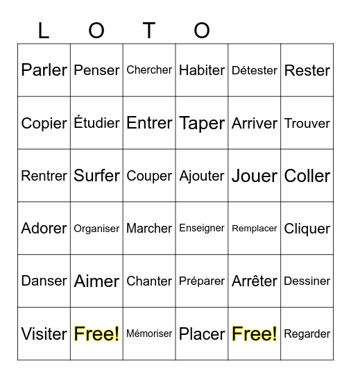 Verbes -ER Bingo Card