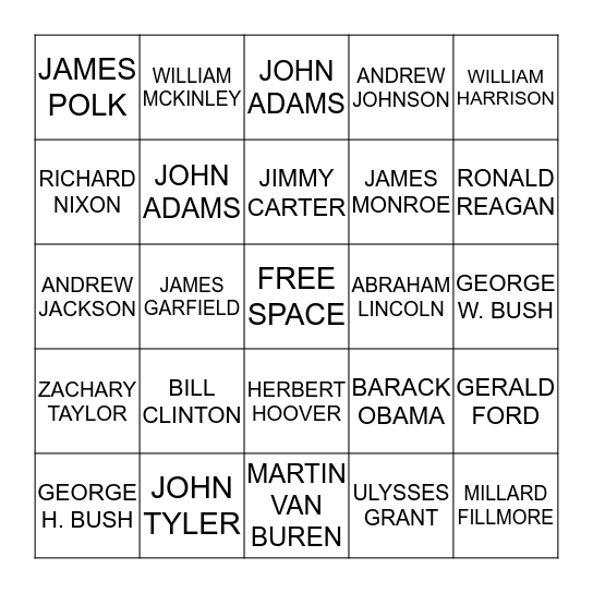 U.S PRESIDENTS Bingo Card