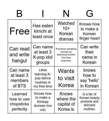 Korean 101: Find Someone Who.... Bingo Card