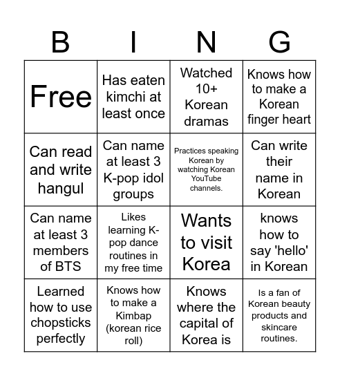 Korean 101: Find Someone Who.... Bingo Card