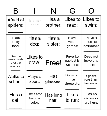Get To Know Your Classmates Bingo Card