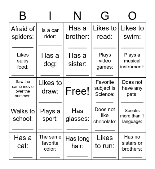 Get To Know Your Classmates Bingo Card