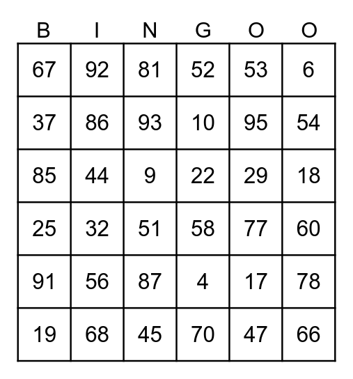 Number 1-100 Bingo Card