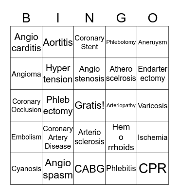 Medical Terms Circulatory System Bingo Card