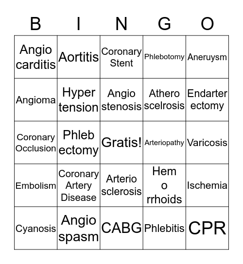 Medical Terms Circulatory System Bingo Card
