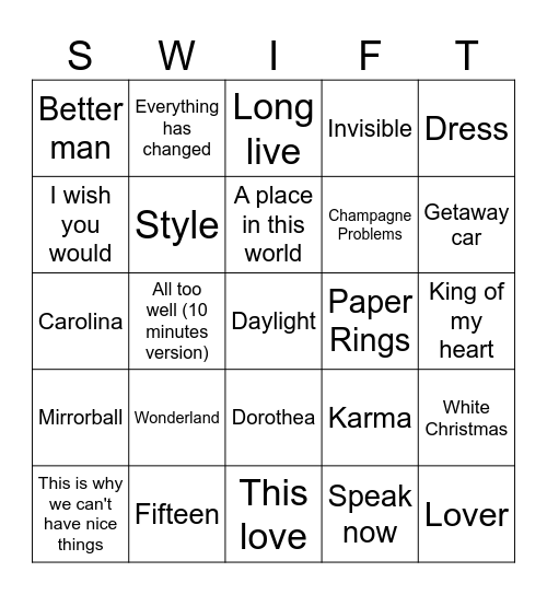 Bingo Swiftie Bingo Card