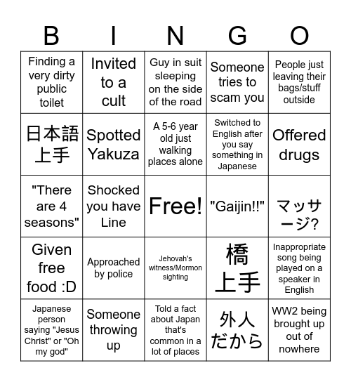 Japan Bingo Card