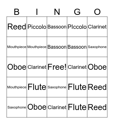 Woodwind Instruments Bingo Card