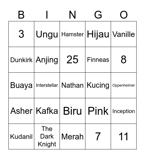 Asher's Bingo Card