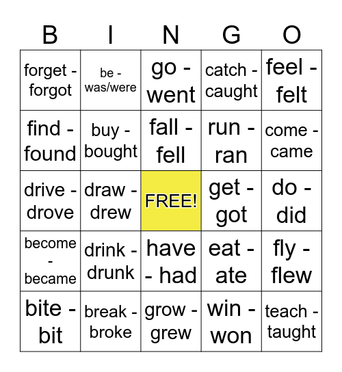 Irregular Past-Tense Verbs Bingo Card