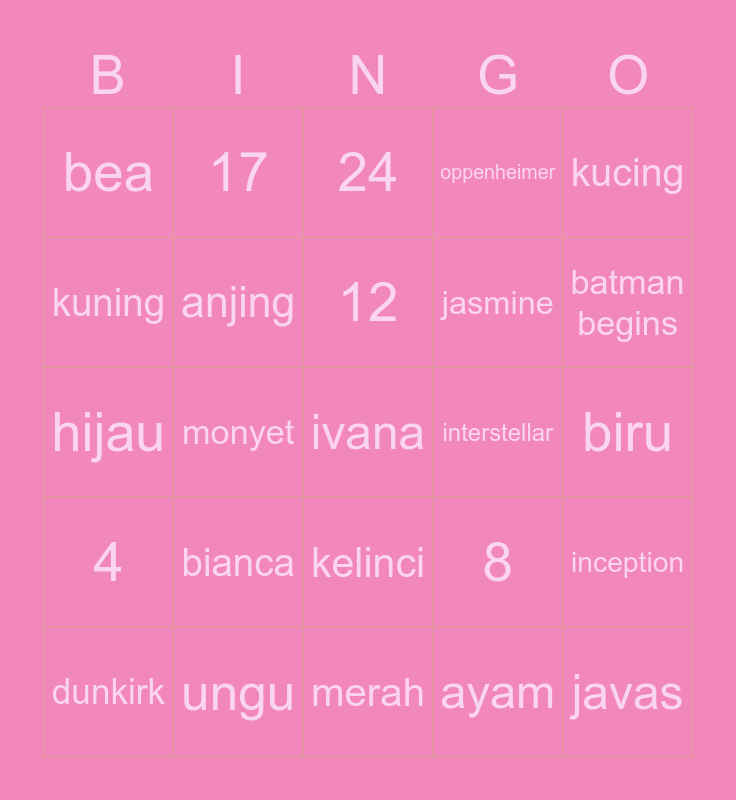 Nala Bingo Card