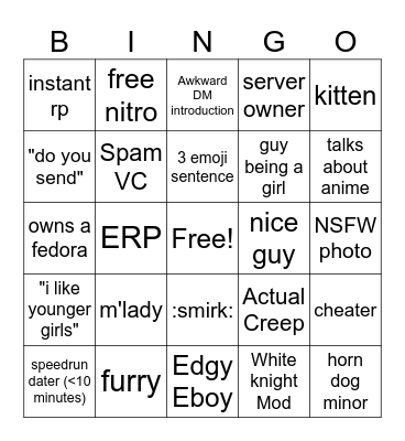 Discord Creep Bingo Card