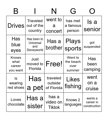 Getting to know you Bingo Card