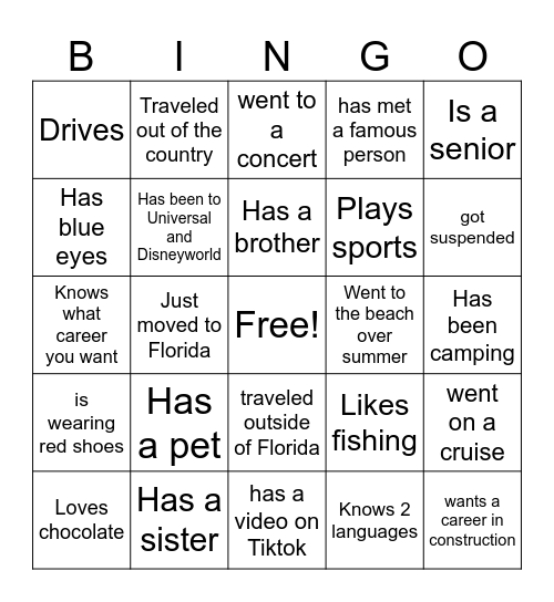 Getting to know you Bingo Card