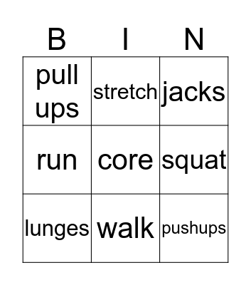 Fitness Bingo Card