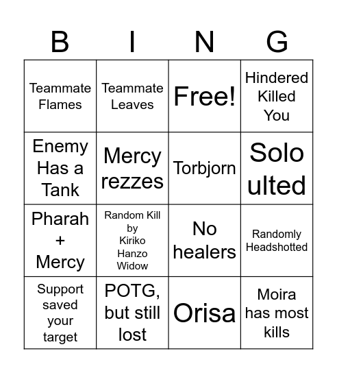 Overwatch Team Deathmatch Bingo Card