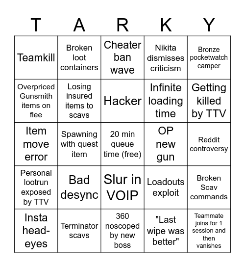 Tarkov 13.5 Bingo Card