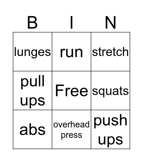 Fitness Bingo Card
