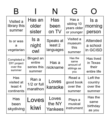 Find a Friend Bingo Card