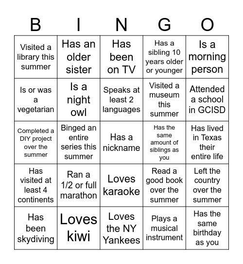 Find a Friend Bingo Card