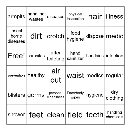 Hygiene bingo Card