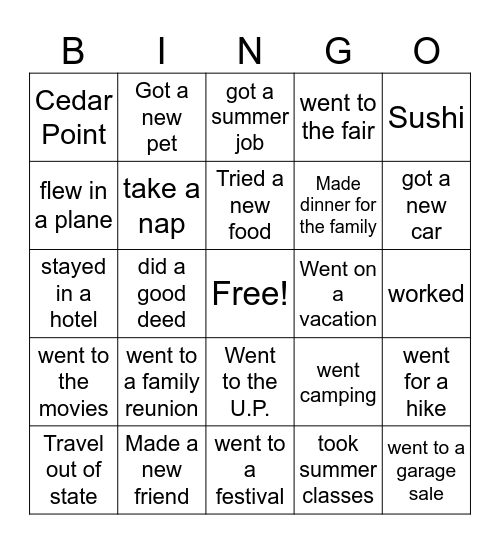 First day of school Bingo Card