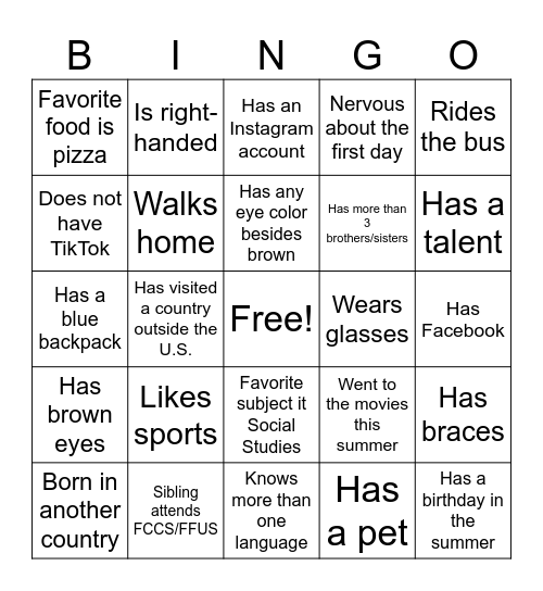 Olivero's Classmate Bingo Card