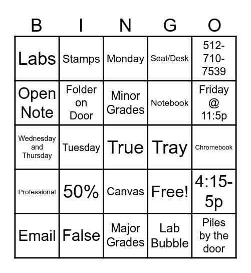 Syllabus Bingo Card