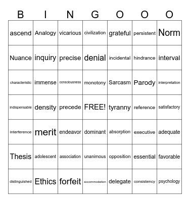 9th Grade English Review Bingo Card