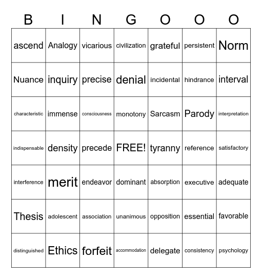 9th Grade English Review Bingo Card