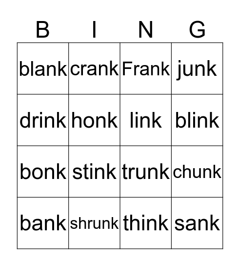 -nk Word Bingo Card