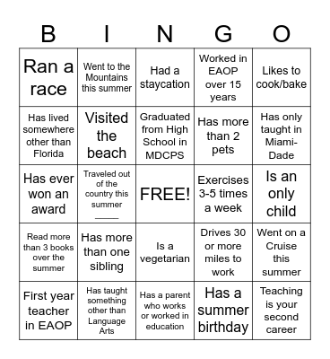 Back to School Bingo Card