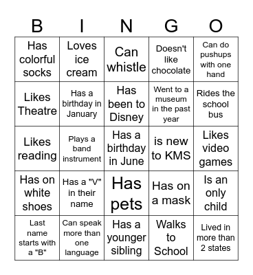 Middle School BINGO: Find someone who... Bingo Card