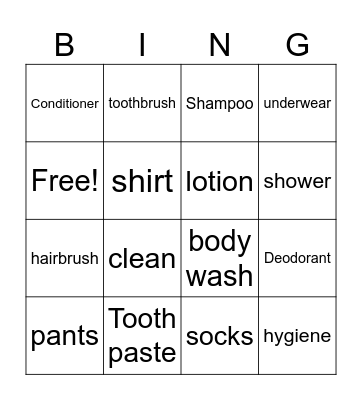 Personal Hygiene Bingo Card